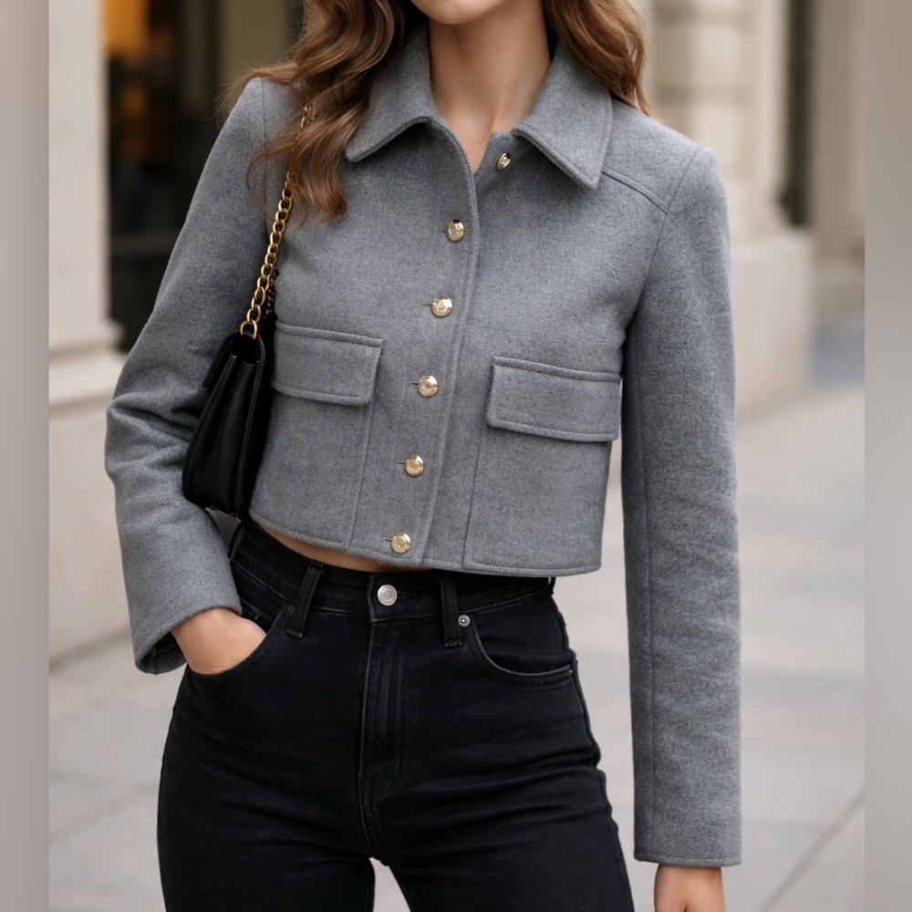 ZARA Gray Cropped Blazer with Gold Buttons. SIZE  XS